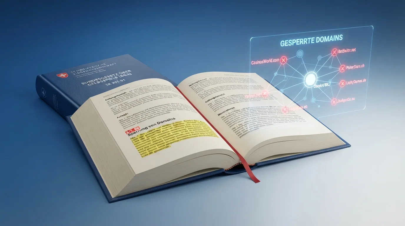 Das Bundesgesetz über Geldspiele (BGS) als Gesetzestext mit Markierung des Artikels zur DNS-Sperrliste und einer Visualisierung «gesperrte Domains»