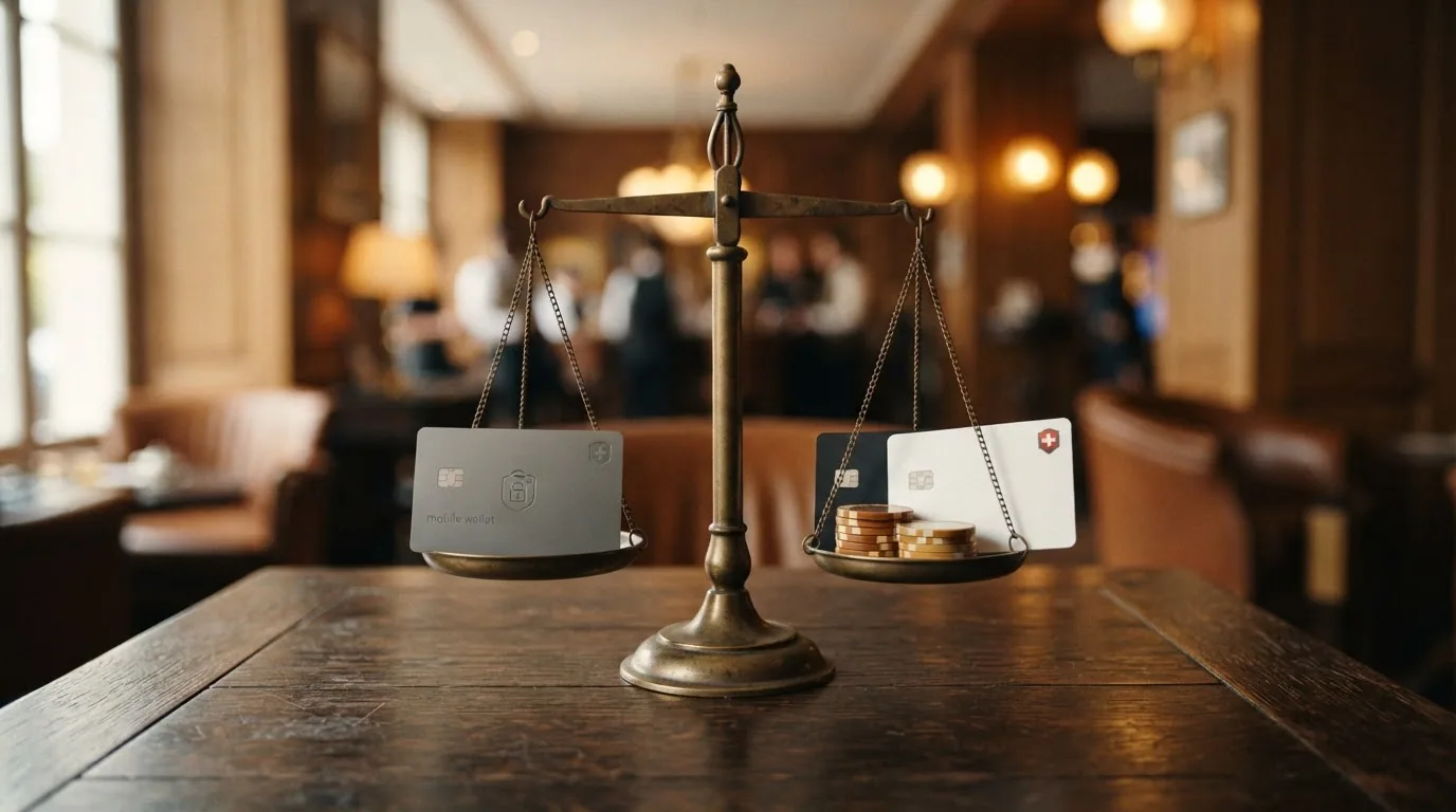 Waage mit Google-Pay-Logo auf der einen Schale (schnelle Einzahlung, sicher) und Auszahlungs-Alternativen auf der anderen (Banküberweisung, TWINT)