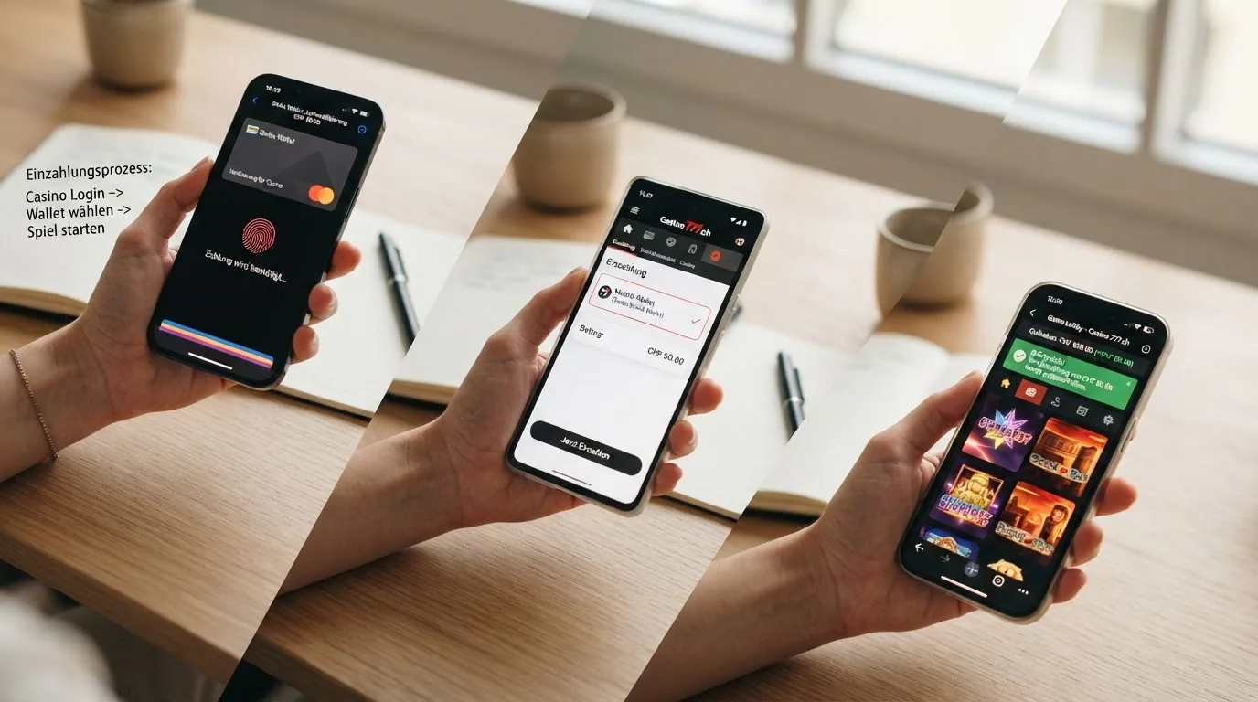 Drei-Schritt-Darstellung: Smartphone mit Fingerabdruck-Scan, Casino-Kasse mit Google-Pay-Auswahl, Spielbildschirm mit Echtzeit-Gutschrift