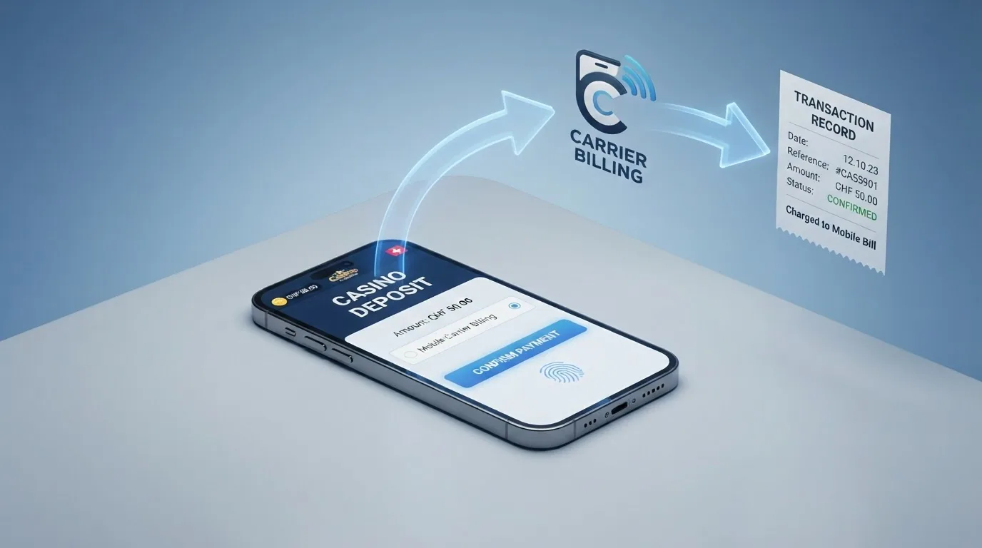 Eine schematische Darstellung des Direct-Carrier-Billing-Ablaufs: Smartphone → Casino-Kasse → SMS-Bestätigung → Betrag auf der Mobilfunkrechnung