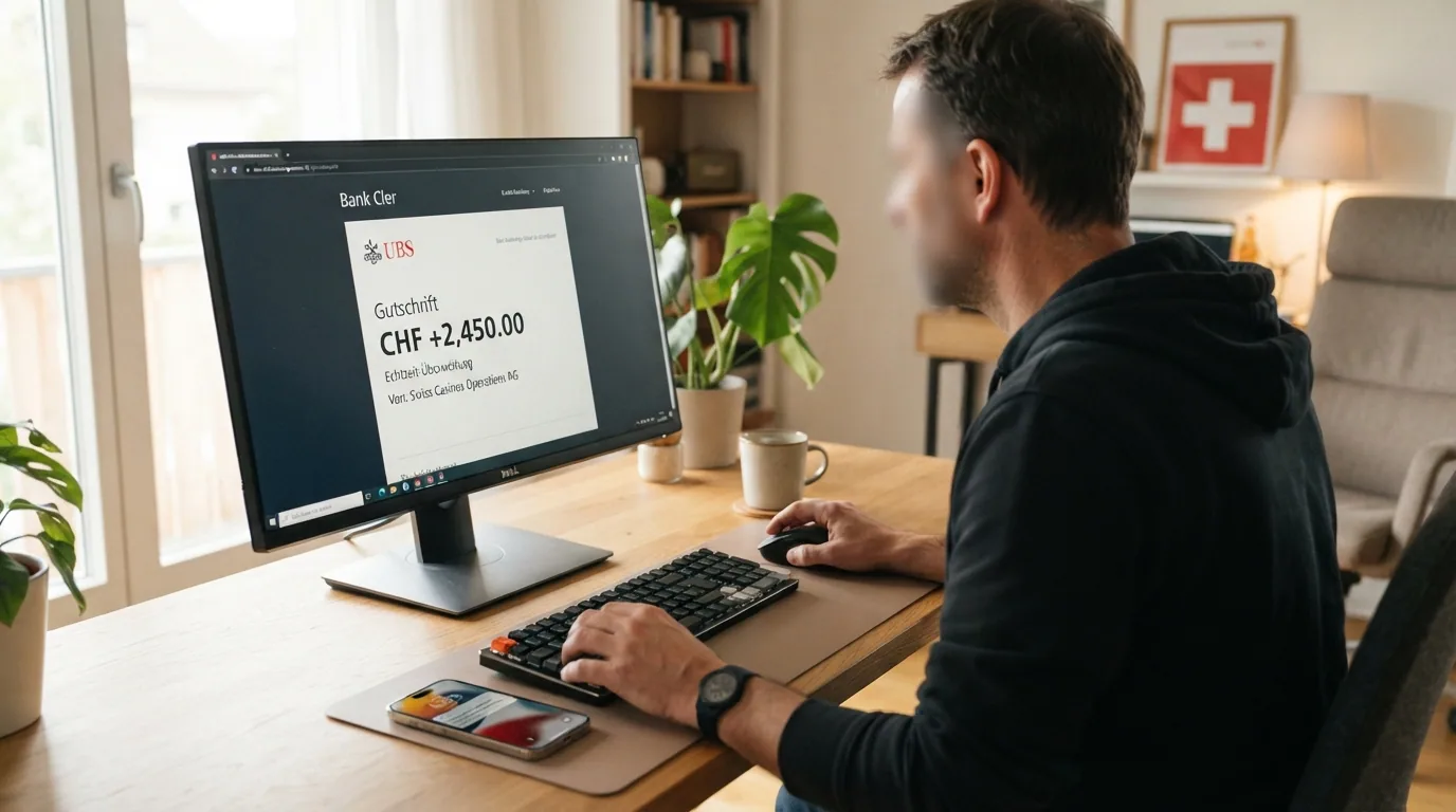 Ein Computerbildschirm mit einer Bank-Bestätigung über eine Echtzeit-Überweisung, Betrag in CHF hervorgehoben