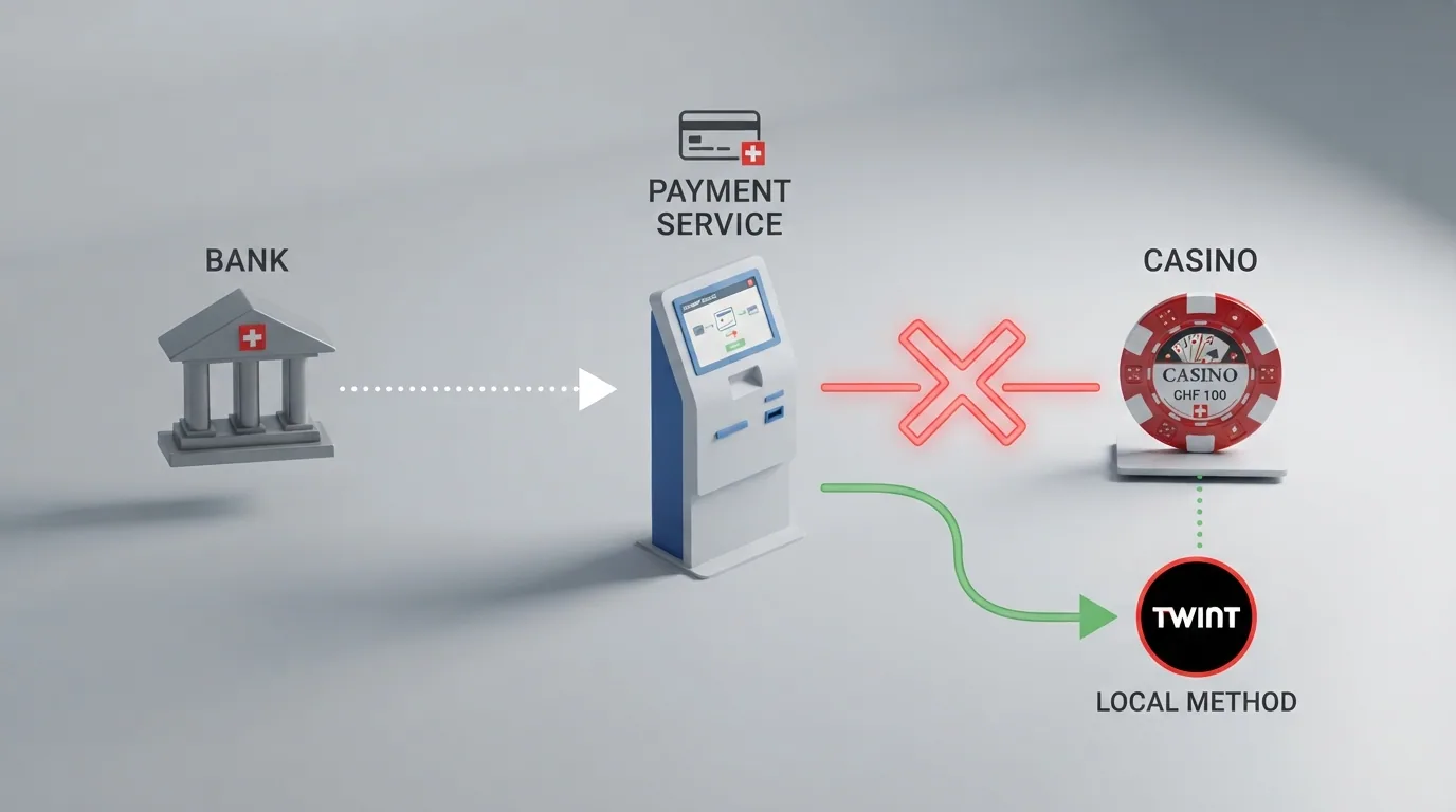 Schematische Darstellung des Einzahlungsprozesses: Bankkonto → Klarna-Schnittstelle → Casino-Guthaben, mit einem roten «X» auf der Verbindung zum Casino und einem erklärenden Pfeil zu TWINT als Alternative