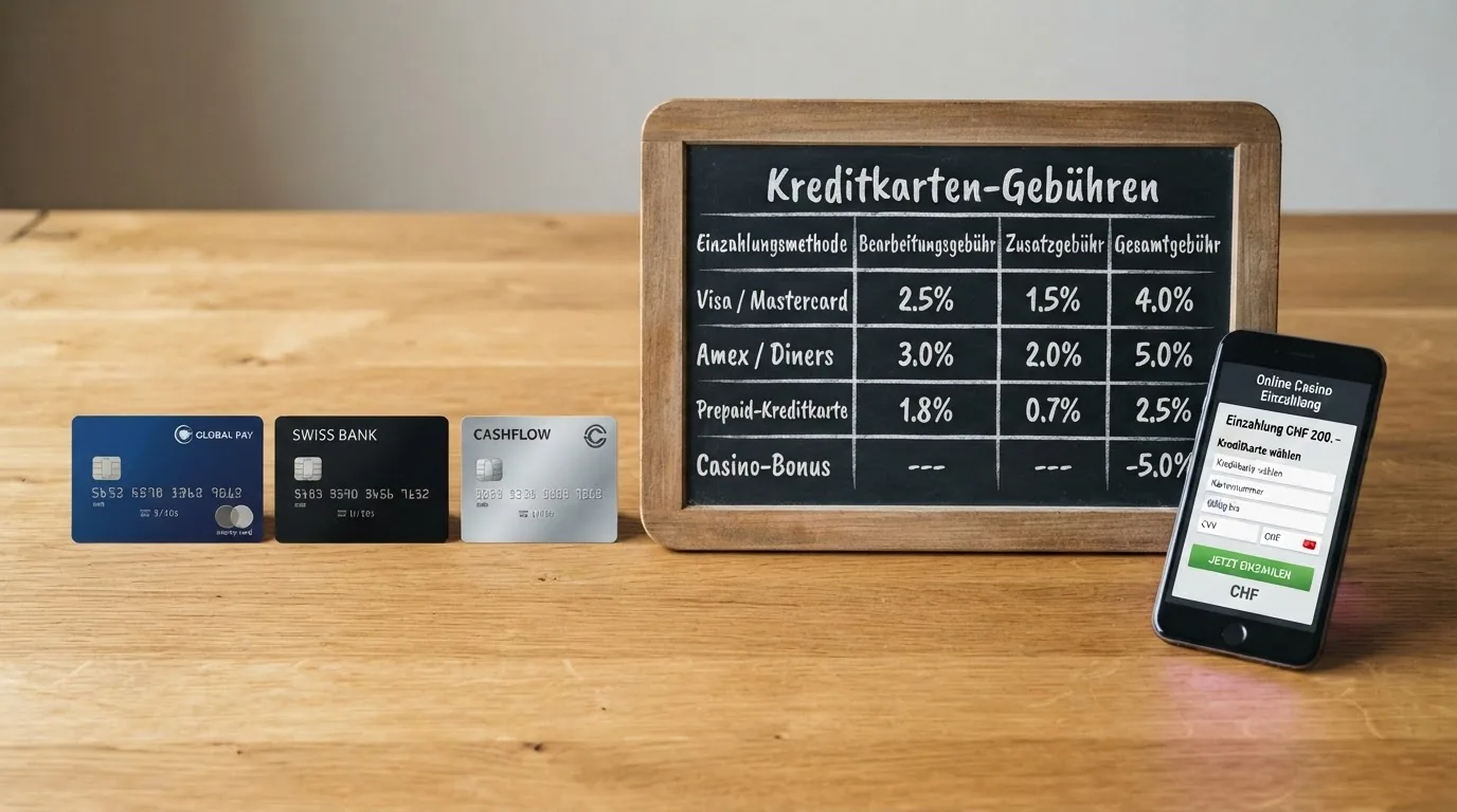 Nahaufnahme verschiedener Schweizer Kreditkarten mit einer Prozent-Angabe zu Bearbeitungsgebühren daneben
