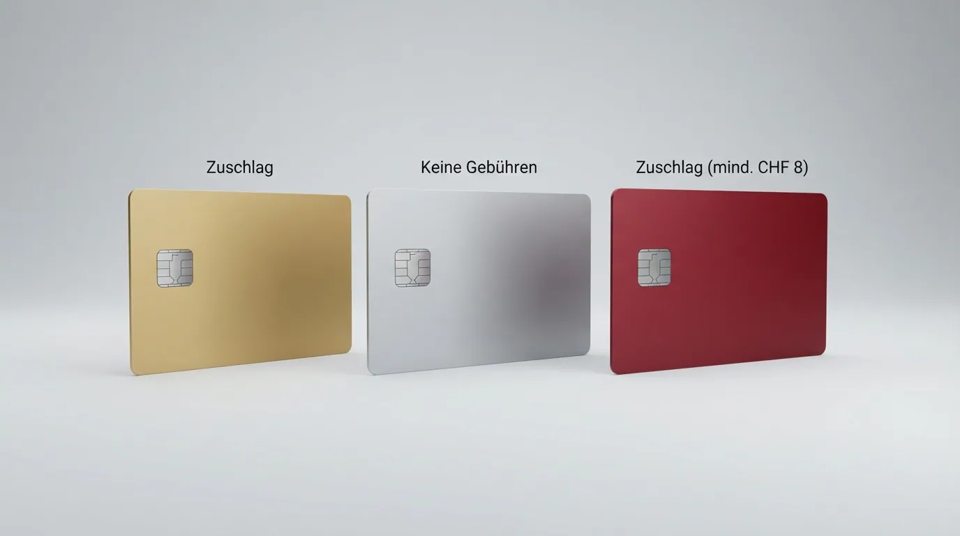 Drei Schweizer Kreditkarten — Bonuscard, Raiffeisen und Swisscard — nebeneinander, mit unterschiedlich farbigen Gebührenhinweisen