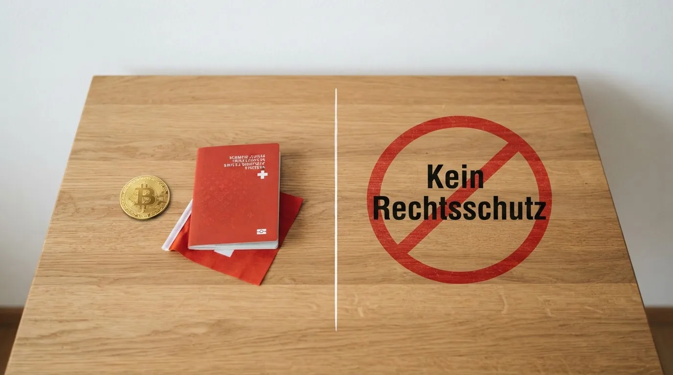 Eine Bitcoin-Münze auf der einen Seite einer gezeichneten Grenze mit Schweizerkreuz, auf der anderen Seite ein Schweizer Pass — die Münze liegt ausserhalb.