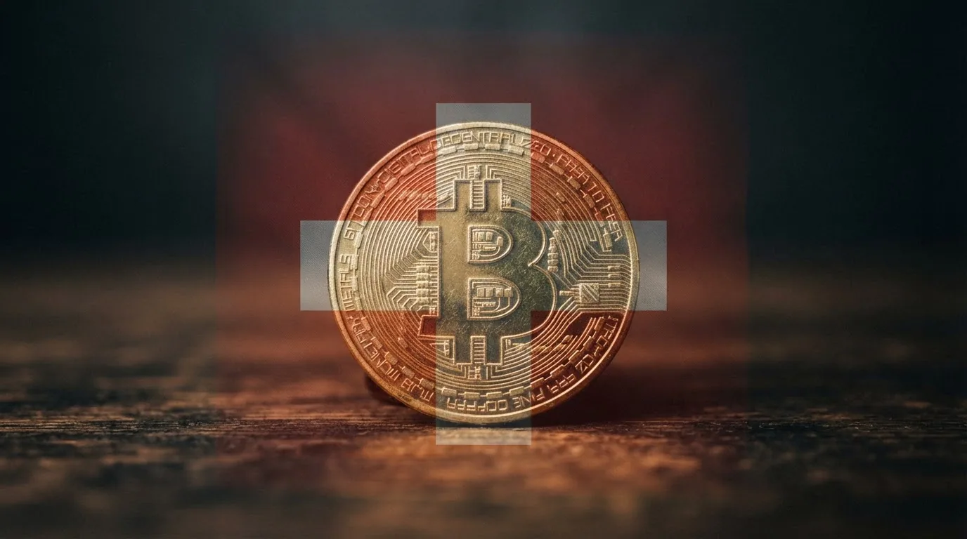 Bitcoin-Symbol hinter einem durchgestrichenen Schweizerwappen — verdeutlicht das Verbot in lizenzierten Casinos