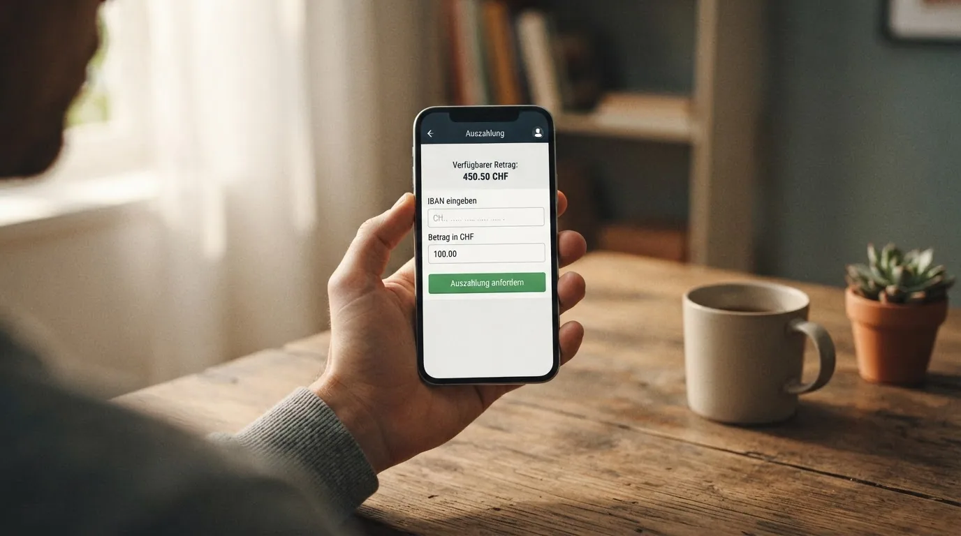 Smartphone mit geöffneter Casino-App, die den Auszahlungsbildschirm mit IBAN-Eingabefeld zeigt