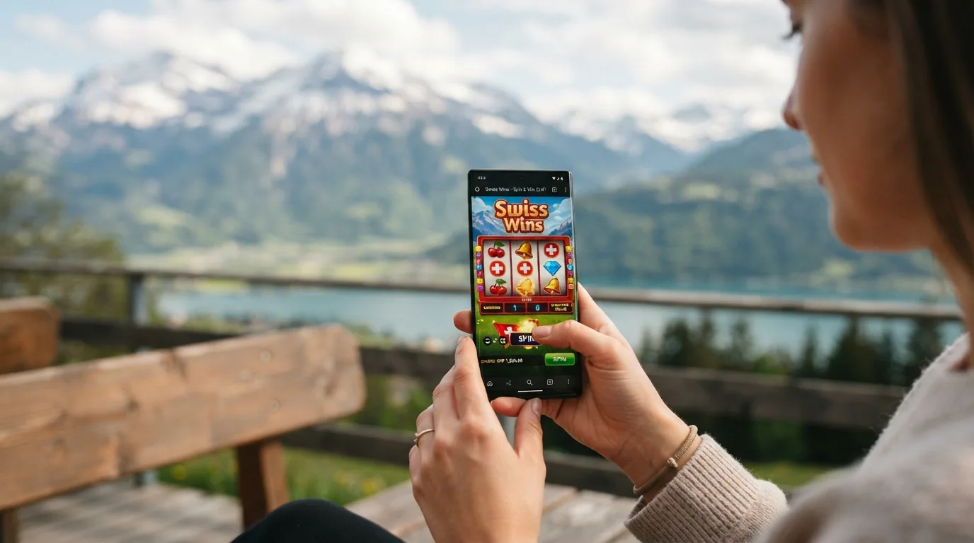 Eine Hand hält ein Smartphone im Querformat, auf dem Bildschirm ist ein Slot-Spielfeld mit Walzen sichtbar, der Hintergrund ist unscharf und zeigt eine Schweizer Berglandschaft