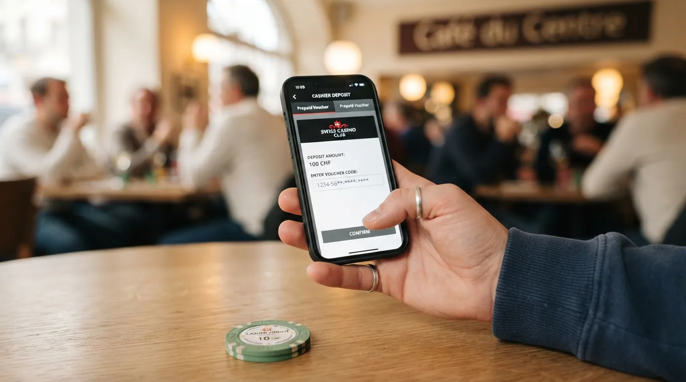 Smartphone mit geöffneter Casino-App, auf dem Bildschirm die Einzahlungsseite mit Paysafecard-Logo