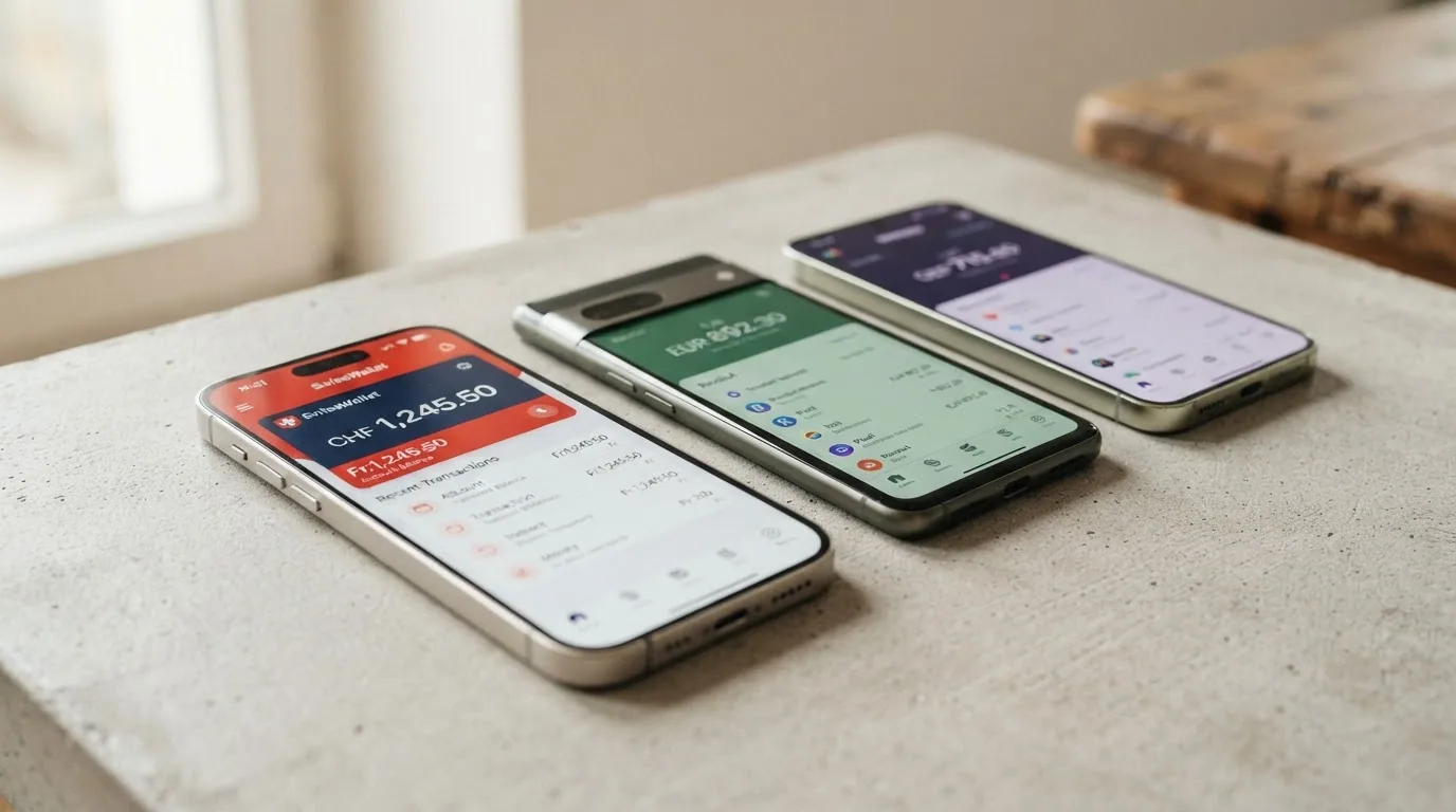 Drei E-Wallet-Logos (MuchBetter, Skrill, Neteller) nebeneinander mit Schweizer Franken-Symbol