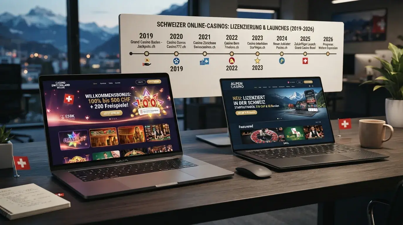 Zwei frische Casino-Startbildschirme (Admiral und Casineo) nebeneinander, dahinter eine Zeitleiste 2019–2026 mit allen Lizenzierungsdaten