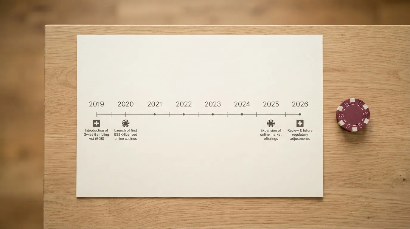 Eine Zeitleiste von 2019 bis 2026 mit Markierungen für BGS-Einführung, erste Online-Casinos und die jüngsten Markteintritte