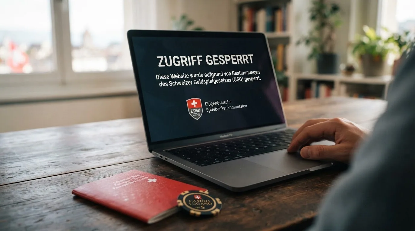 Ein Warnhinweis auf einem Bildschirm mit dem Text «Zugriff gesperrt» und dem ESBK-Logo, daneben eine Liste blockierter Domain-Namen