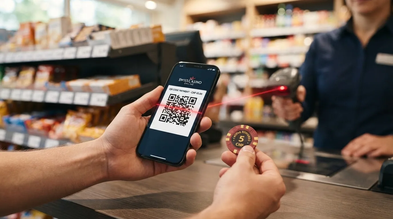 Person hält Smartphone mit QR-Code an eine Ladenkasse, Bildschirm zeigt Casino-Guthaben nach Scan