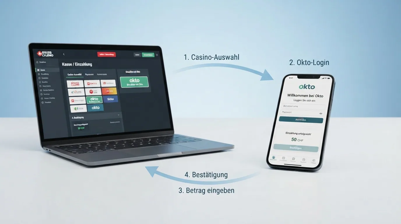 Schematische Darstellung des Einzahlungsprozesses: Smartphone mit Okto-App, Pfeil zum Casino-Bildschirm mit bestätigter Gutschrift
