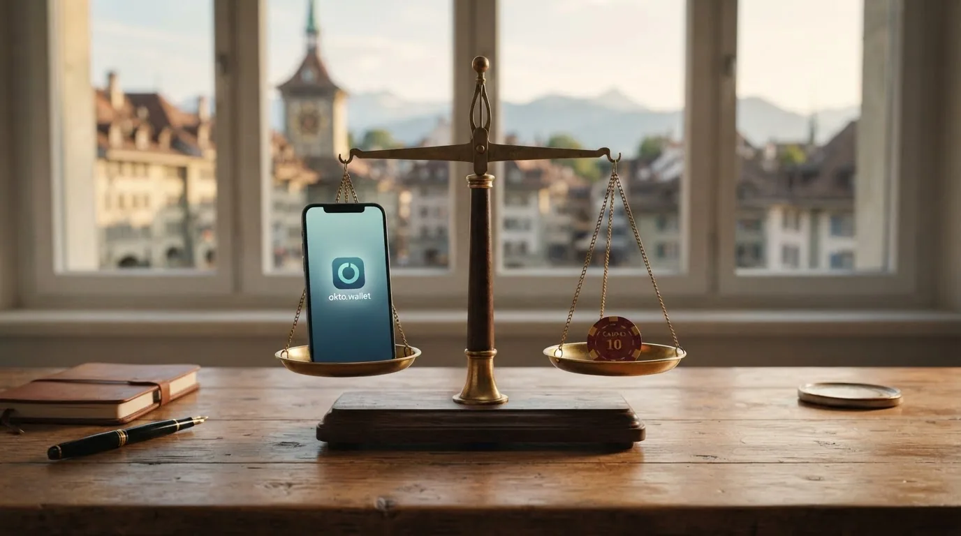 Waage mit Okto-Logo auf der einen und CH-Casino-Logo auf der anderen Seite, im Gleichgewicht