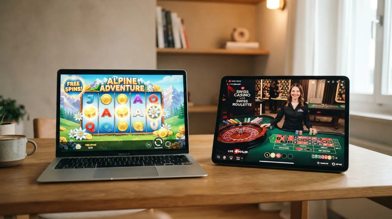 Ein bunter Slot-Screen mit Walzen und Freispiel-Animation, daneben ein Live-Roulette-Tisch mit Dealer im Bild