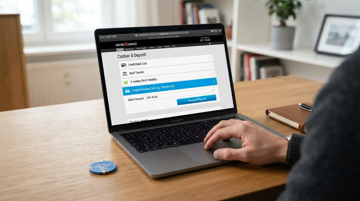 Bildschirm eines Online Casinos mit geöffnetem Einzahlungsdialog und der Auswahlliste der Zahlungsmethoden, Paysafecard hervorgehoben