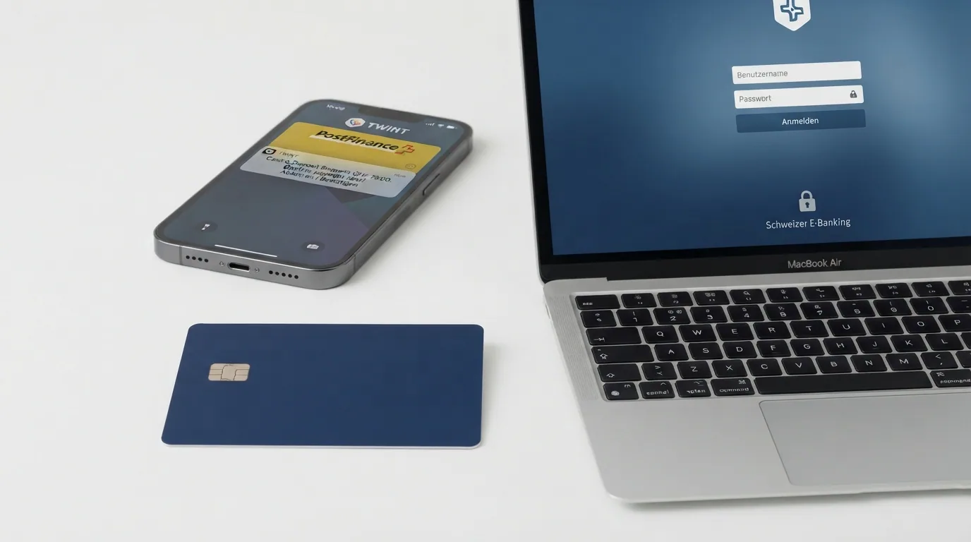Eine PostFinance-Debitkarte, ein geöffneter Laptop mit E-Finance-Login und ein Smartphone mit PostFinance-Pay-App im Vergleich