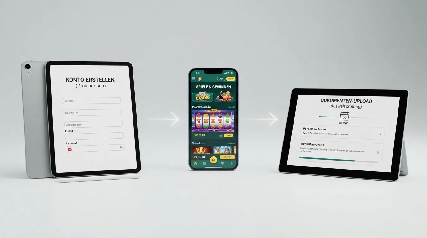 Ein dreistufiges Diagramm auf hellem Hintergrund: Registrierungsformular → Spielbildschirm mit Schweizer Franken-Symbol → Dokumenten-Upload mit Kalender-Icon und «30 Tage»-Label