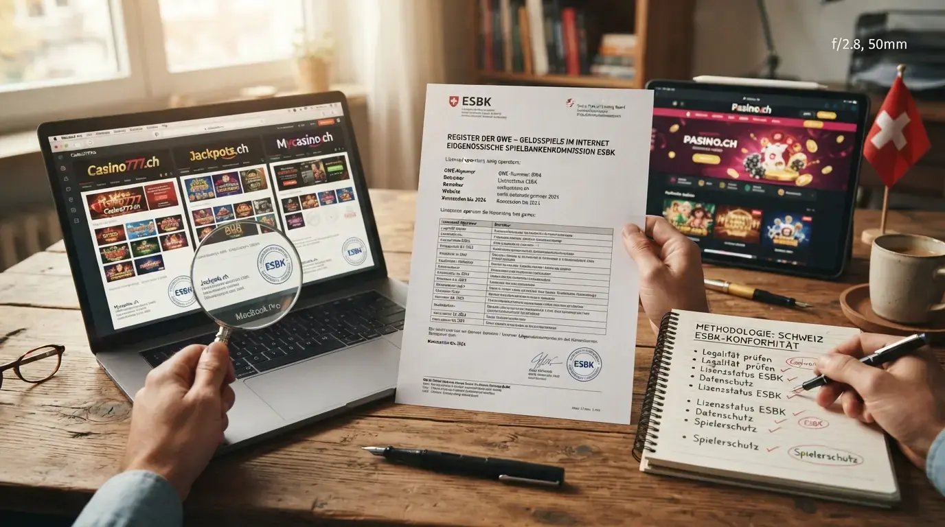 Eine geöffnete ESBK-Konzessionsliste auf einem Bildschirm, daneben mehrere Casino-Webseiten im Vergleich, Notizblock mit Bewertungskriterien