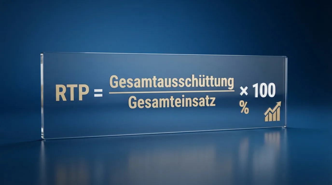 Eine schematische Darstellung der RTP-Formel: Gesamtausschüttung geteilt durch Gesamteinsatz, mit Pfeilen und Prozentzeichen