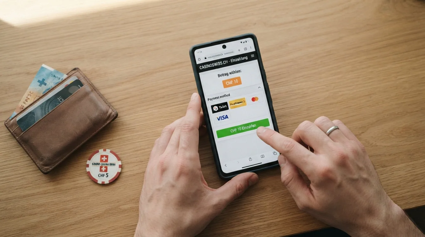 Bildschirmdarstellung des Kassenbereichs eines Schweizer Online-Casinos mit ausgewählter Visa-Option und Eingabefeld für den Einzahlungsbetrag