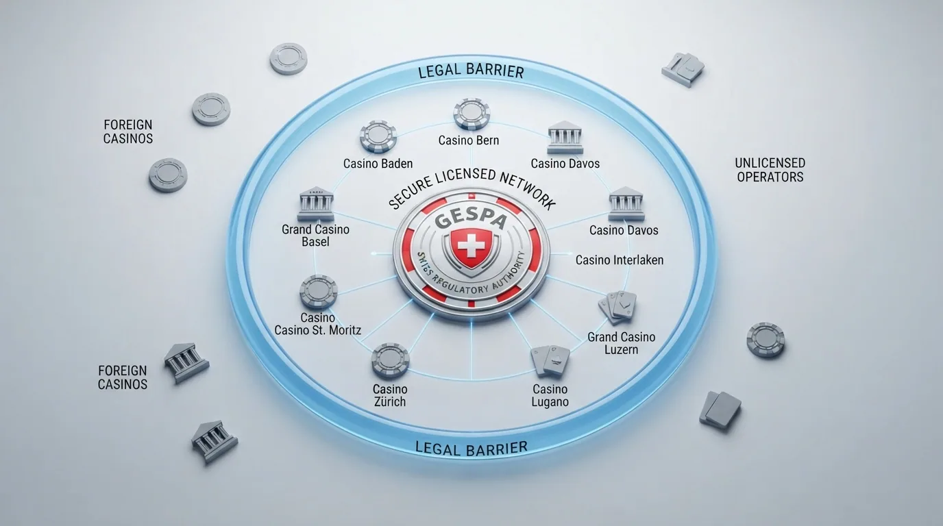 ESBK-Logo, BGS-Gesetzestext-Auszug und Darstellung der 10 lizenzierten Casinos als geschützter Kreis — ausländische Anbieter ausserhalb
