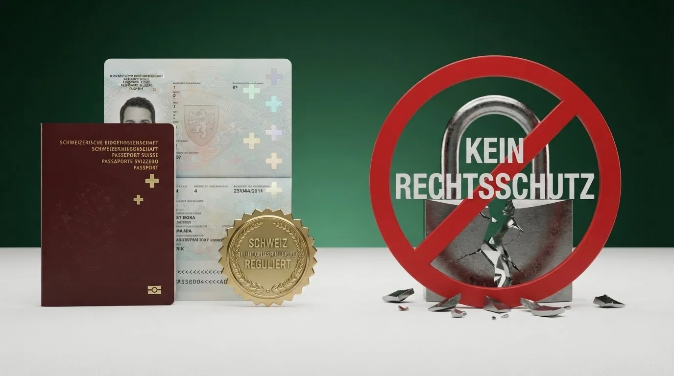 Eine grafische Gegenüberstellung: links ein Schweizer Pass und das ESBK-Logo auf grünem Hintergrund, rechts ein durchgestrichenes Schloss-Symbol mit der Aufschrift «Kein Rechtsschutz».
