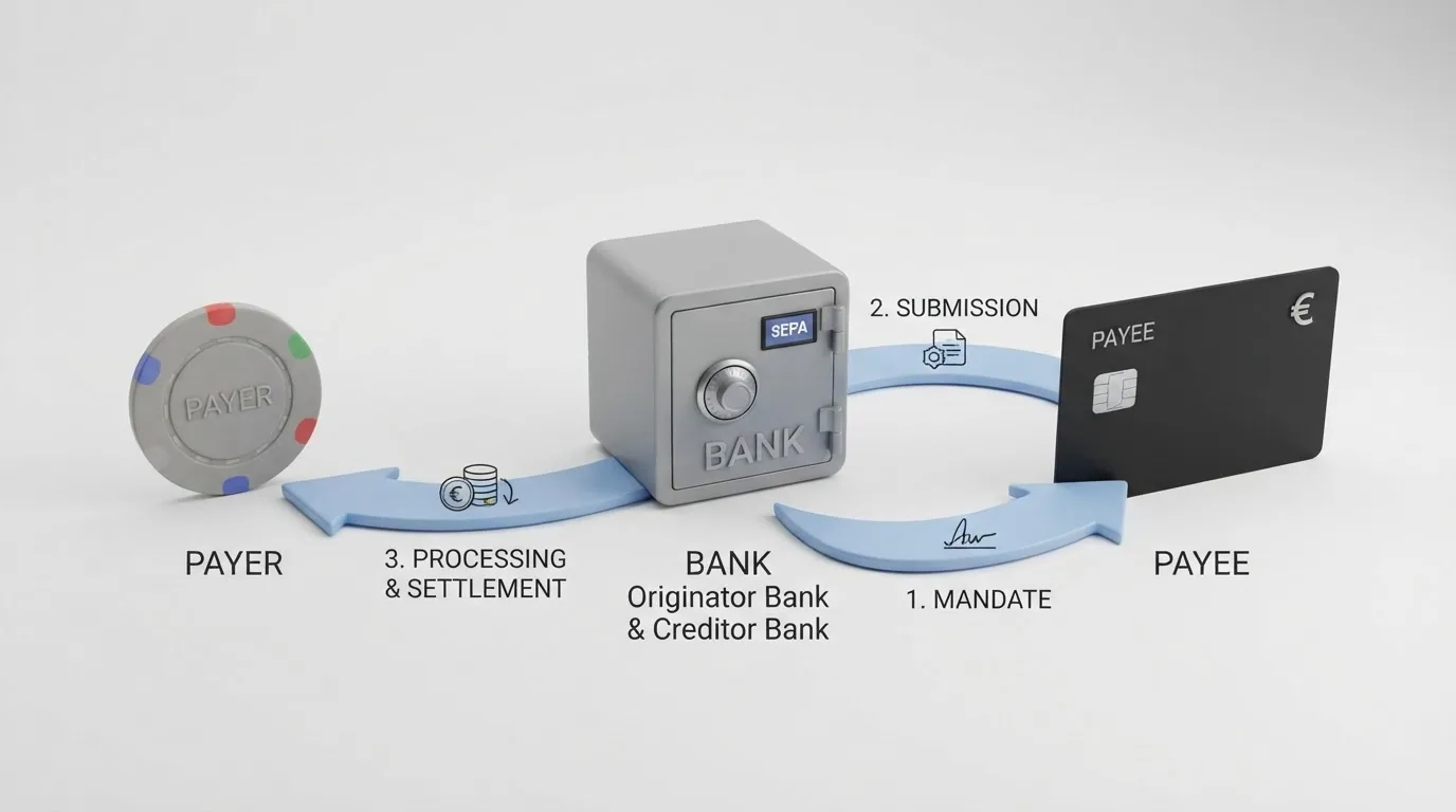 Schematische Darstellung des SEPA-Lastschriftverfahrens mit Bank, Zahlungspflichtigem und Zahlungsempfänger