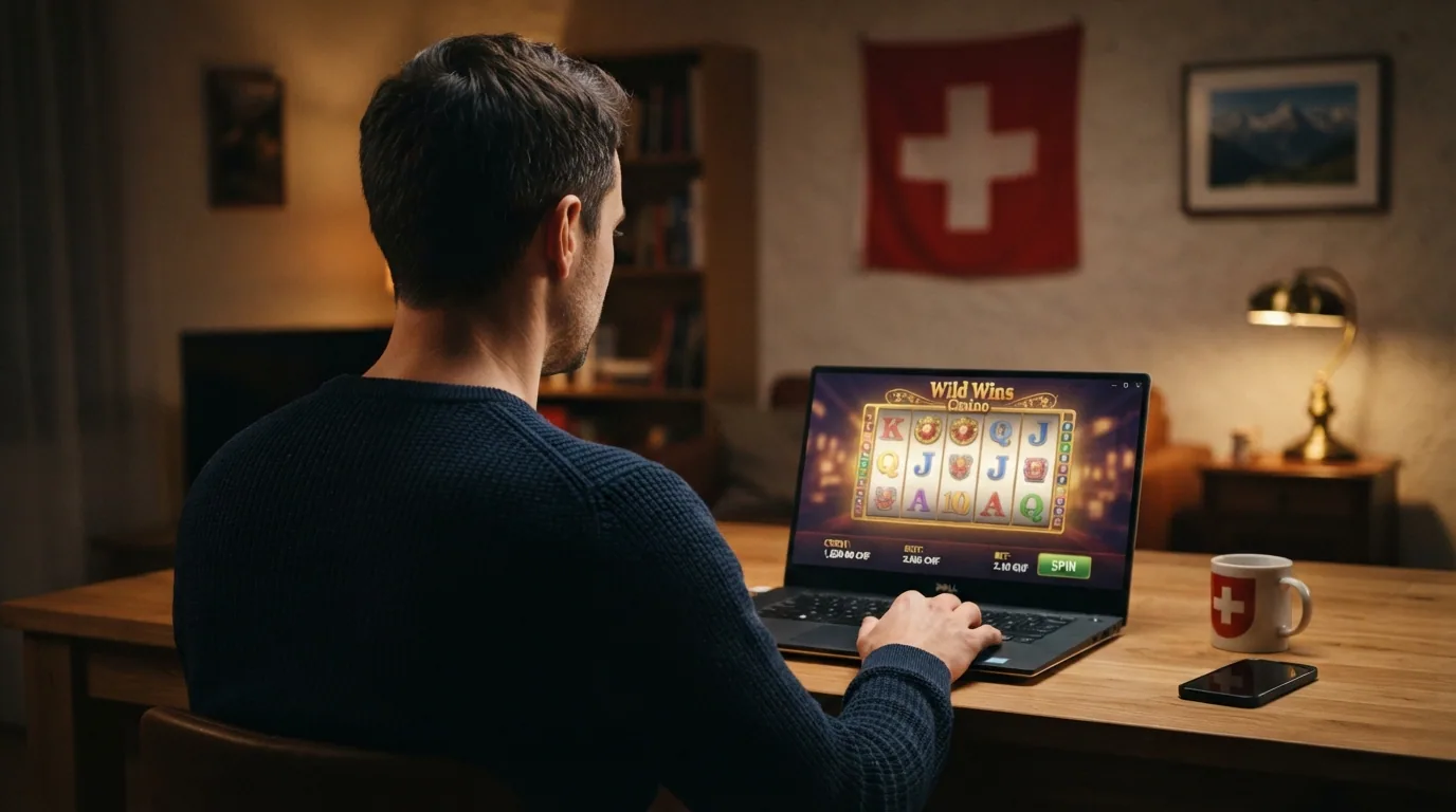 Ein Schweizer Spieler sitzt entspannt vor dem Laptop, im Hintergrund das rote Schweizer Kreuz als Symbol für Sicherheit und Lizenzierung