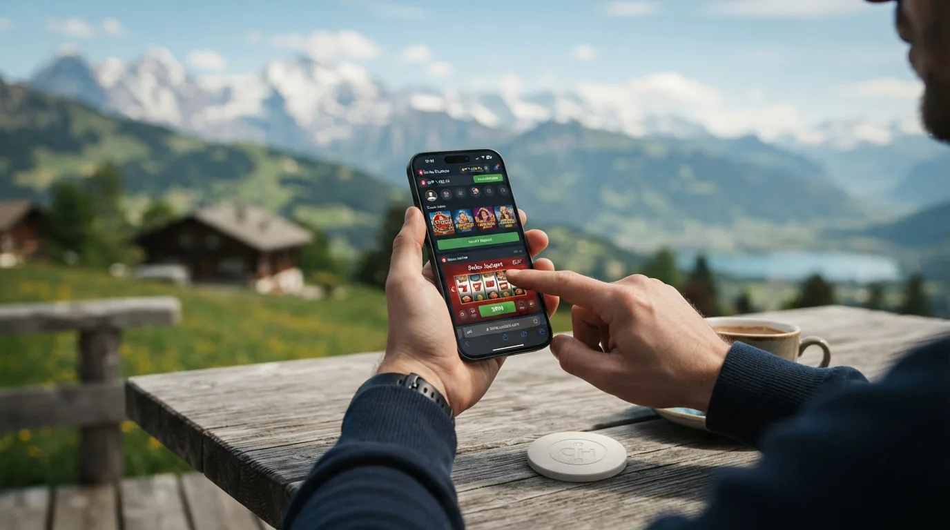 Ein Spieler am Smartphone mit der TWINT-App geöffnet, im Hintergrund das Schweizer Casino-Logo und ein grünes Lizenz-Siegel