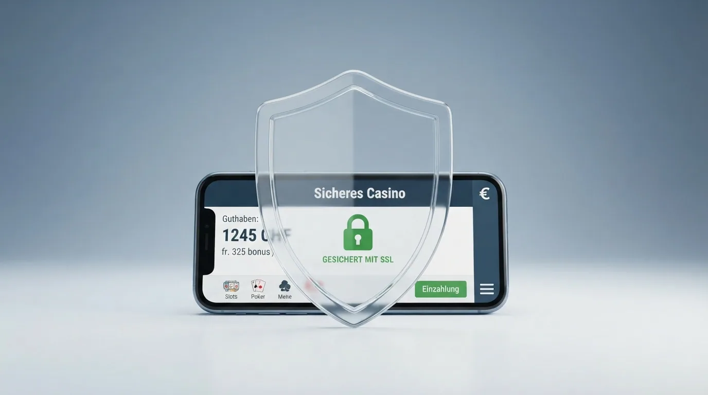 Checklisten-artige Darstellung: Lupe über Casino-Startseite, hervorgehobenes Lizenzsiegel, SSL-Schloss in der Browserzeile