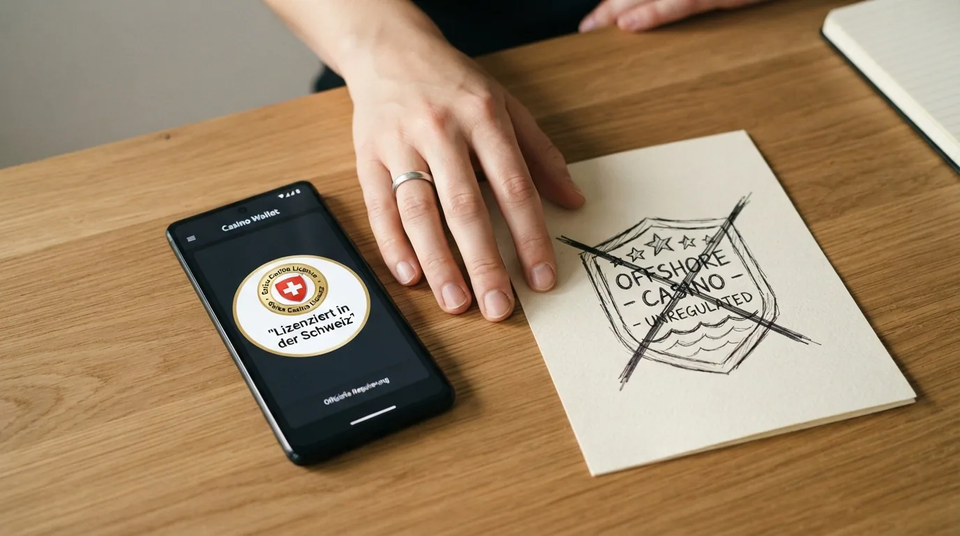Eine Hand, die zwischen zwei Wegen wählt: links ein Smartphone mit Skrill-Logo und Schweizer Casino-Lizenzsiegel, rechts ein durchgestrichenes Offshore-Casino-Symbol