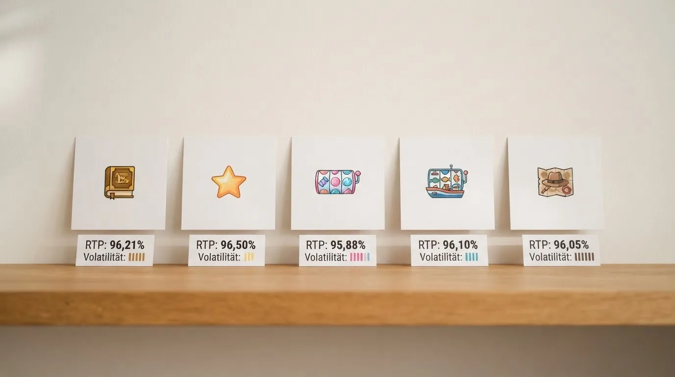 Eine Reihe von fünf Slot-Symbolen (Book of Dead, Starburst, Sweet Bonanza, Big Bass Bonanza, Gonzo's Quest), unter jedem ein Prozentwert und ein kleiner Balken für die Volatilität.