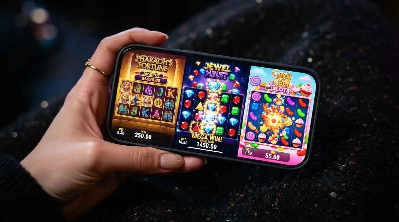 Drei Slot-Screenshots nebeneinander: Book of Dead, Starburst und Sweet Bonanza — jeweils auf einem Smartphone-Bildschirm mit sichtbaren Walzen und Gewinnlinien