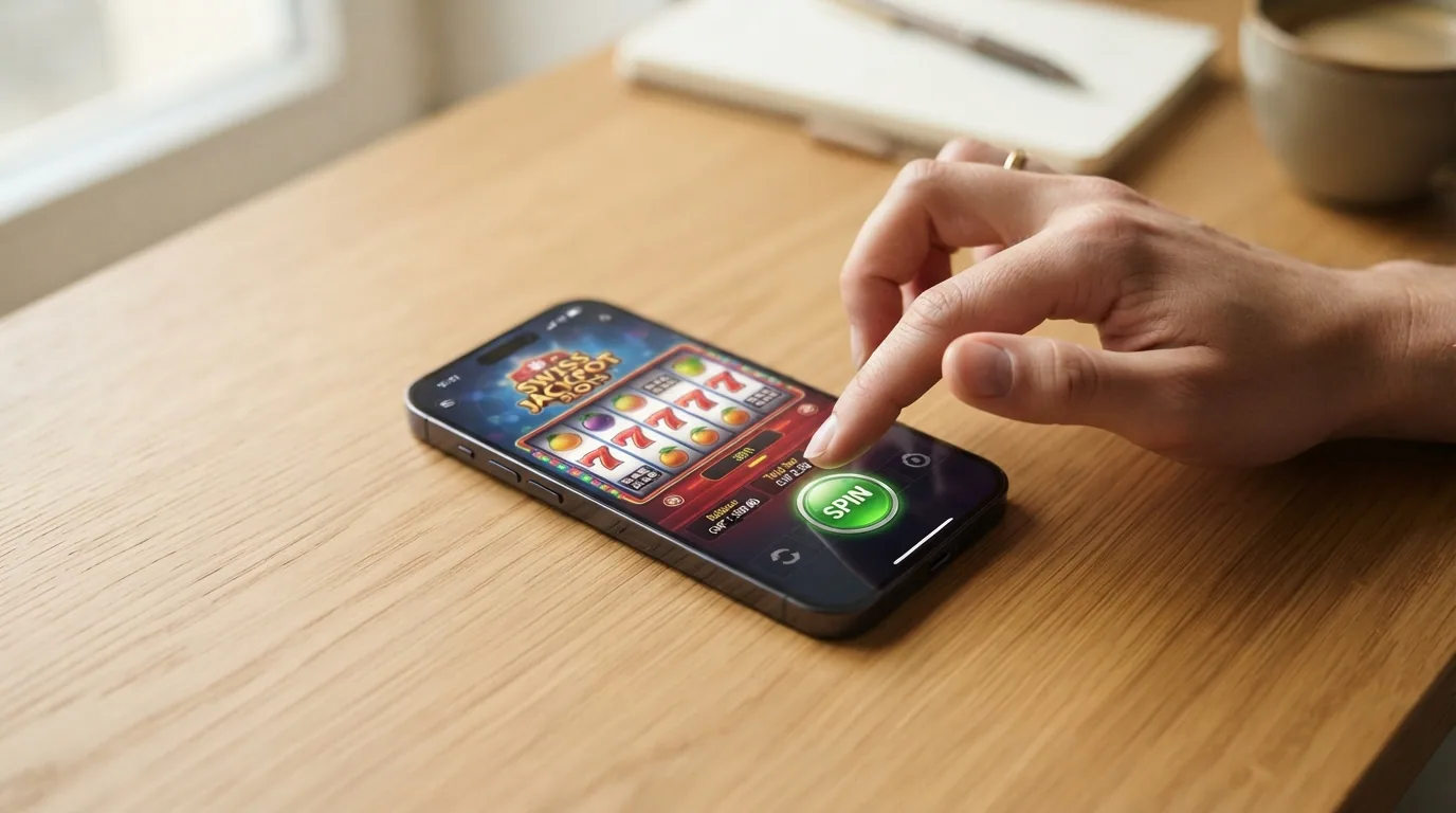 Querformat-Darstellung eines Schweizer Online-Slots auf einem Smartphone mit Touch-Steuerung (Spin-Button, Wett-Anzeige)