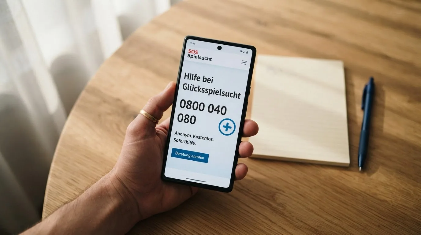 Notrufnummer 0800 040 080 neben dem Logo der SOS-Spielsucht-Helpline auf Schweizer Flagge
