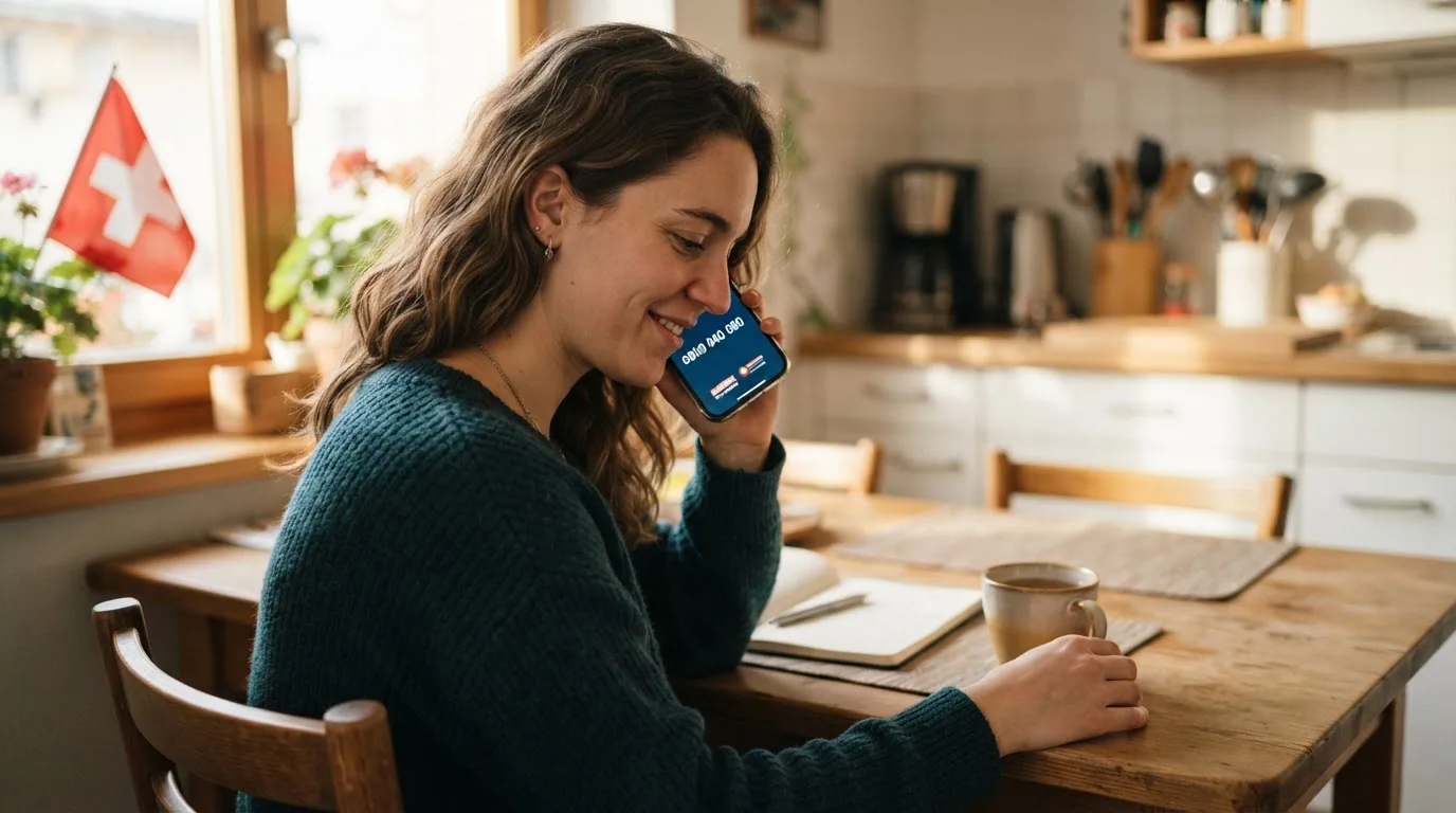 Warmes, ruhiges Bild: Eine Person am Telefon mit sorgenvollem, aber erleichtertem Gesichtsausdruck, im Hintergrund das Logo der Interkantonalen Helpline und die Nummer 0800 040 080
