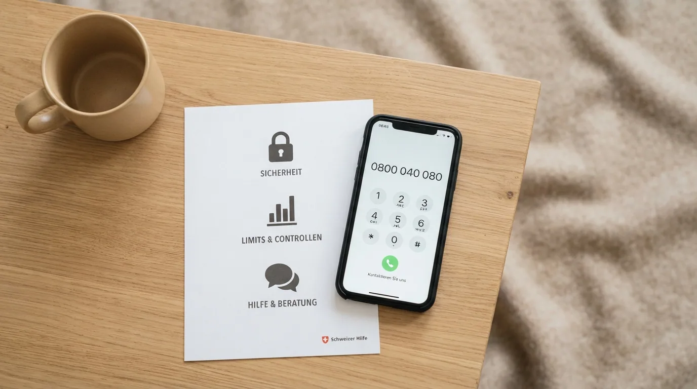 Ein Smartphone zeigt den Wählbildschirm mit der Nummer 0800 040 080, daneben sind Symbole für Selbstsperre (Schloss), Limit (Balken) und Beratung (Sprechblase) zu sehen
