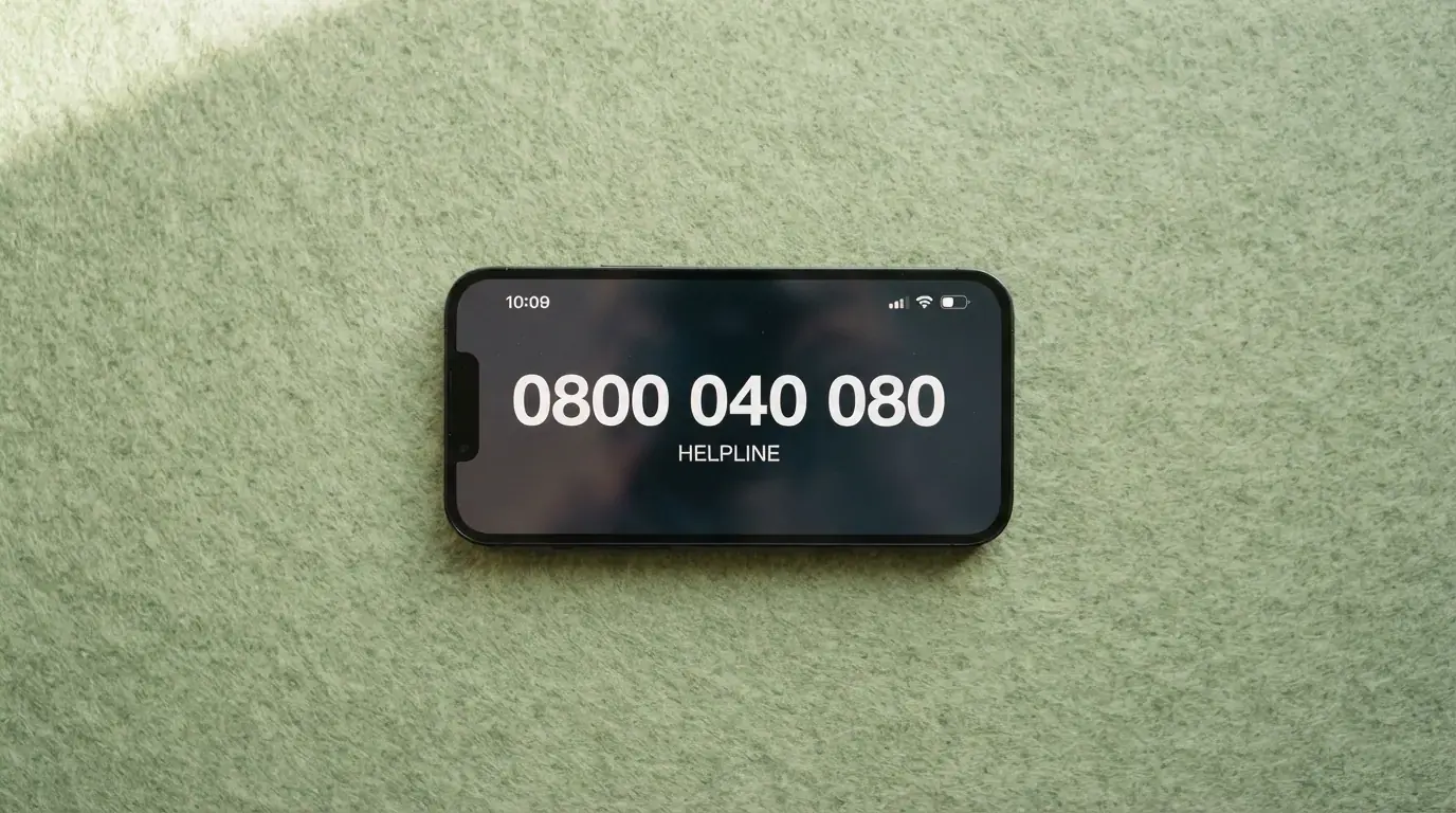Ein Telefonhörer vor grünem Hintergrund, daneben die Nummer 0800 040 080 in grosser Schrift und das Logo von SoS Spielsucht