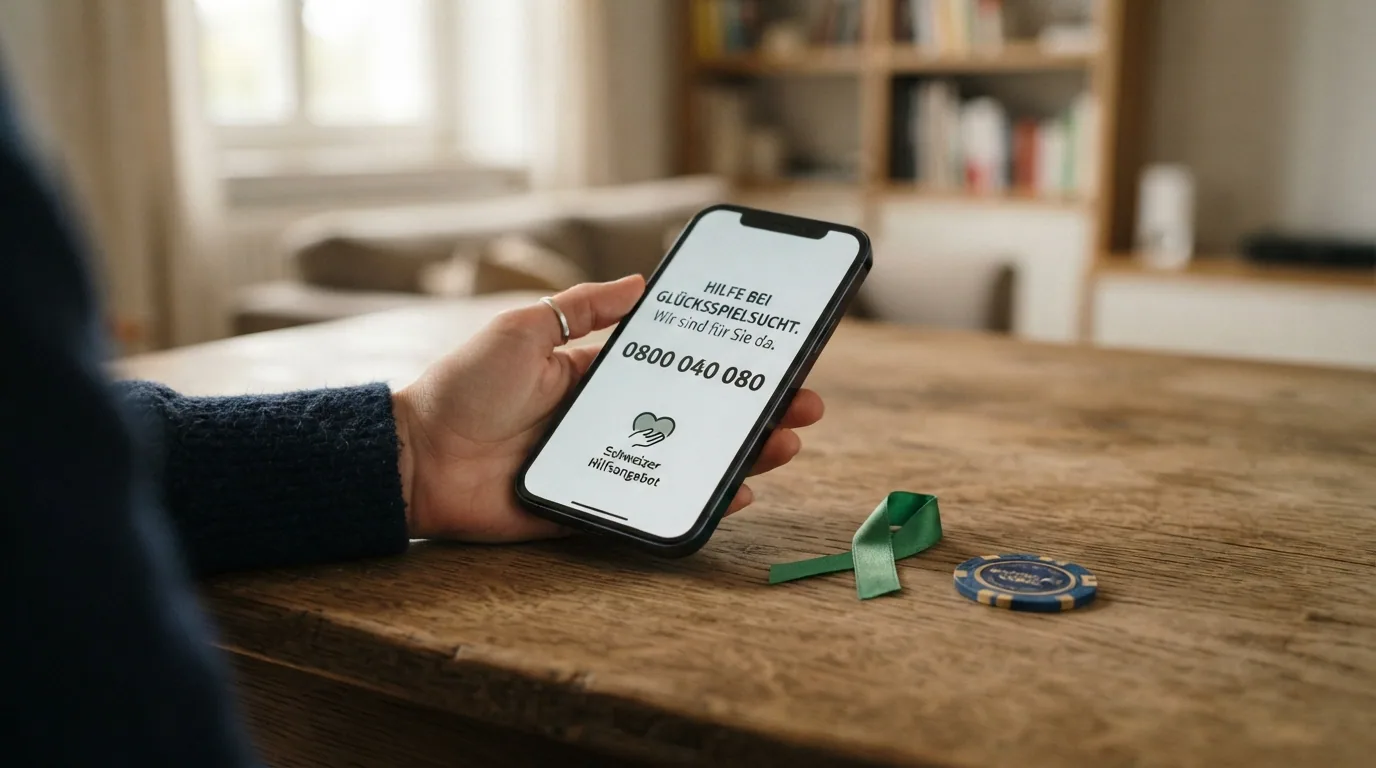 SOS-Spielsucht-Helpline-Nummer auf einem Smartphone-Display, daneben das SafeZone-Logo