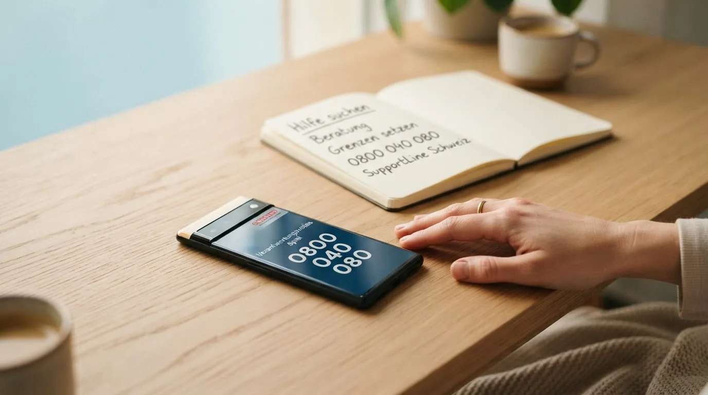 Eine Person legt das Smartphone beiseite, daneben eingeblendet die Helpline-Nummer 0800 040 080