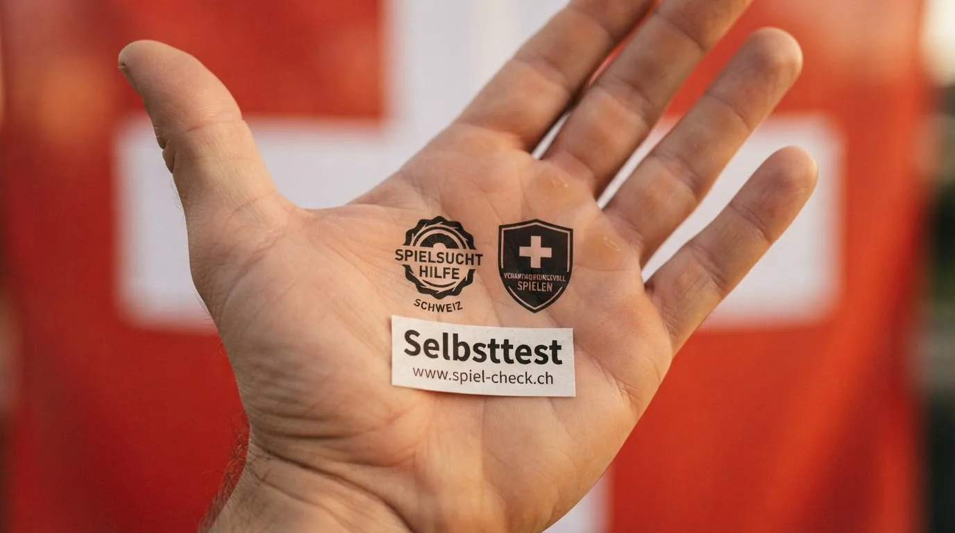 Eine helfende Hand vor dem Schweizerkreuz, daneben die Logos von SOS Spielsucht und der ESBK, darunter eine Notiz mit «Selbsttest» und einer URL.