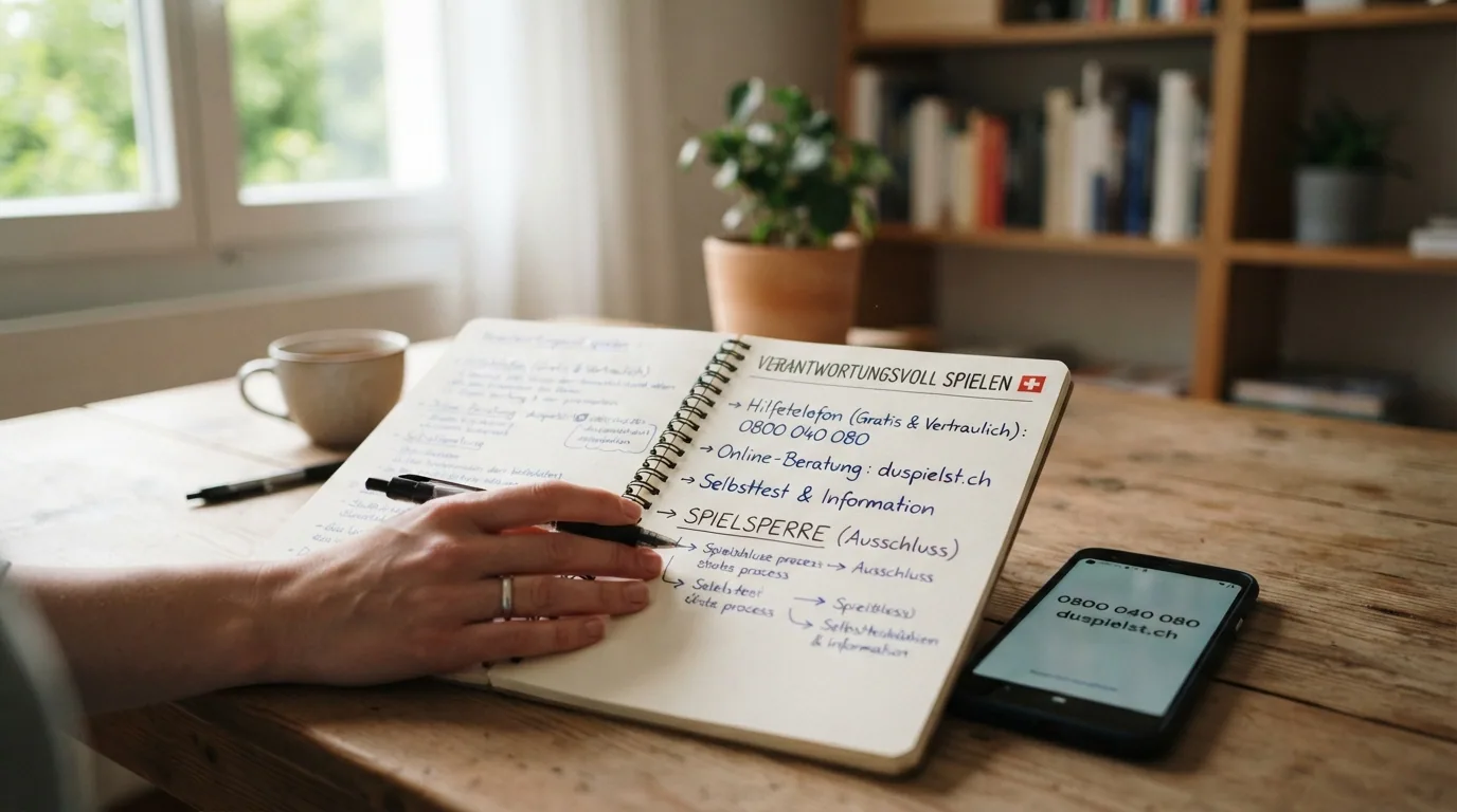 Ein aufgeschlagenes Notizbuch mit der Helpline-Nummer 0800 040 080, der URL duspielst.ch und dem Begriff «Spielsperre»