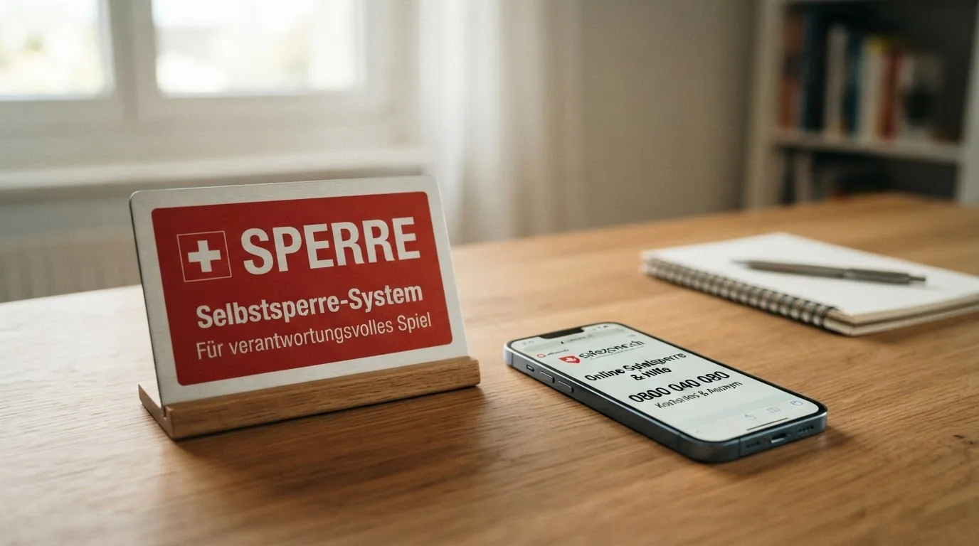 Sperrschild mit Schweizer Kreuz, daneben Hotline-Nummer 0800 040 080 und safezone.ch-Logo auf Bildschirm