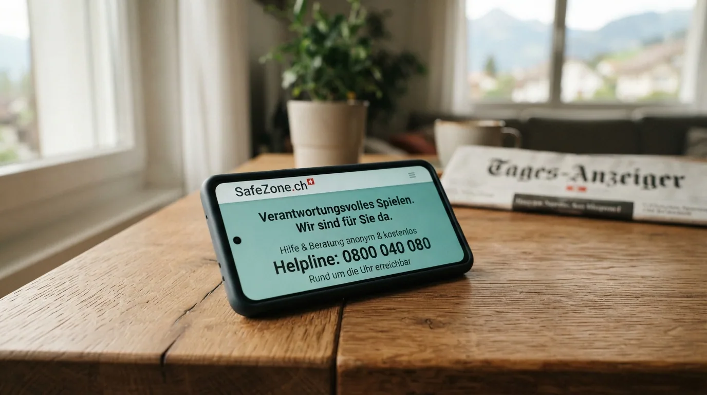 Ein Smartphone mit der eingespeicherten Nummer 0800 040 080 und dem SafeZone.ch-Logo, im Hintergrund ein gedämpftes Casino-Ambiente