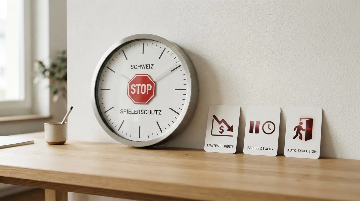 Eine stilisierte Schweizer Uhr mit Stopp-Funktion, daneben Symbole für Limit, Pause und Sperre