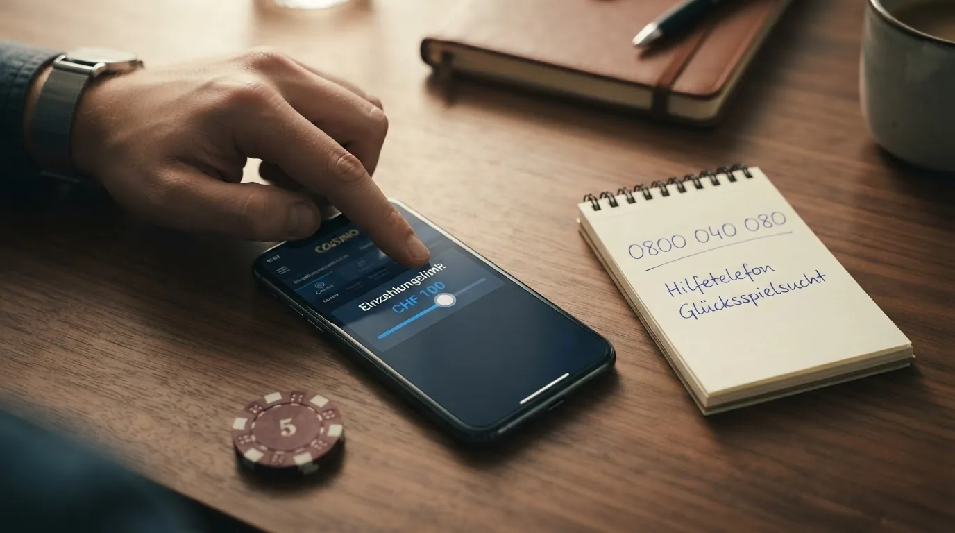 Ein Smartphone mit geöffnetem Casino-Konto und sichtbarem Einzahlungslimit-Regler, daneben eine Notiz mit der Helpline-Nummer 0800 040 080