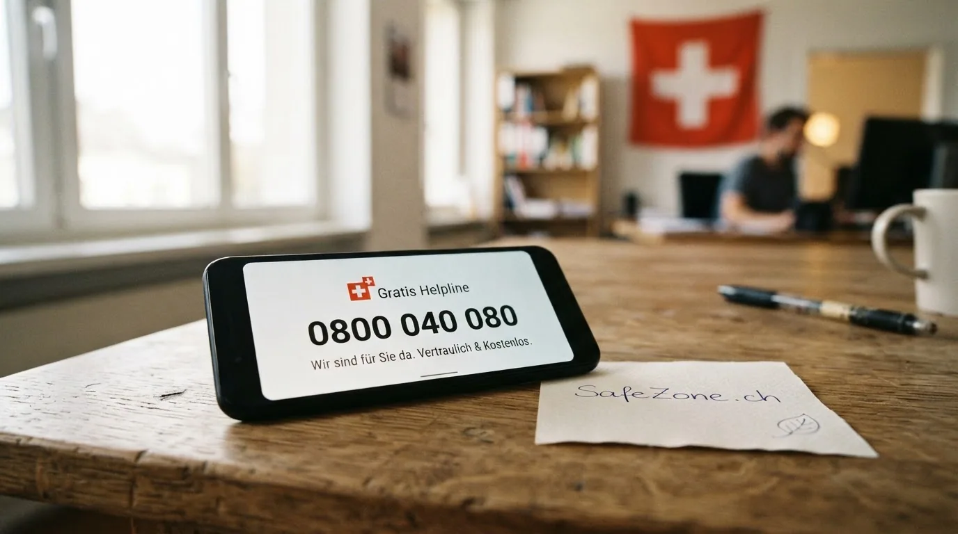 Telefon-Hörer mit Notiz «0800 040 080», daneben das SafeZone.ch-Logo und eine stilisierte Schutzhand